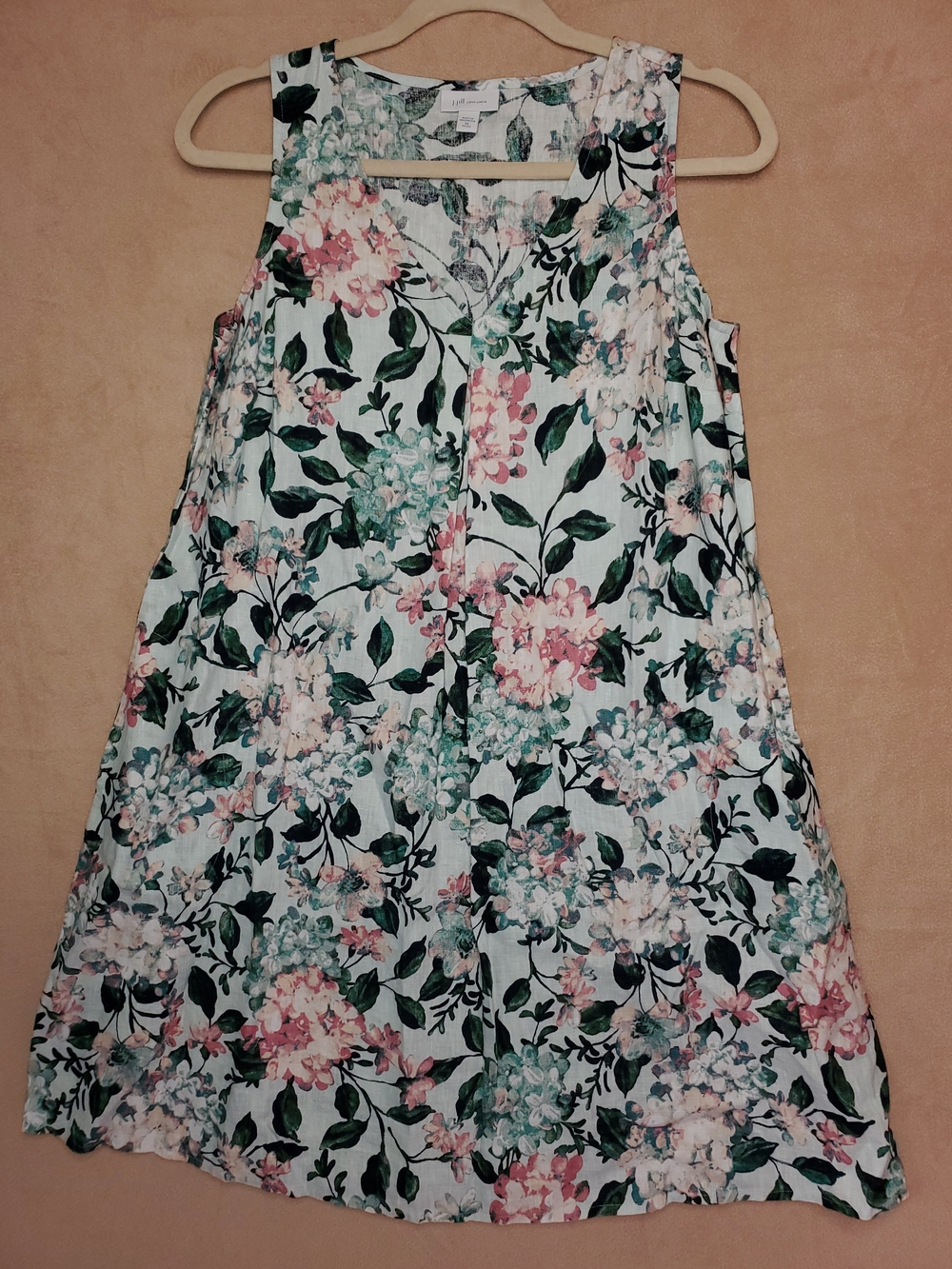 Floral A-Line Skirt Dress in White with Pink & Green Bloom, Xs, Pockets
